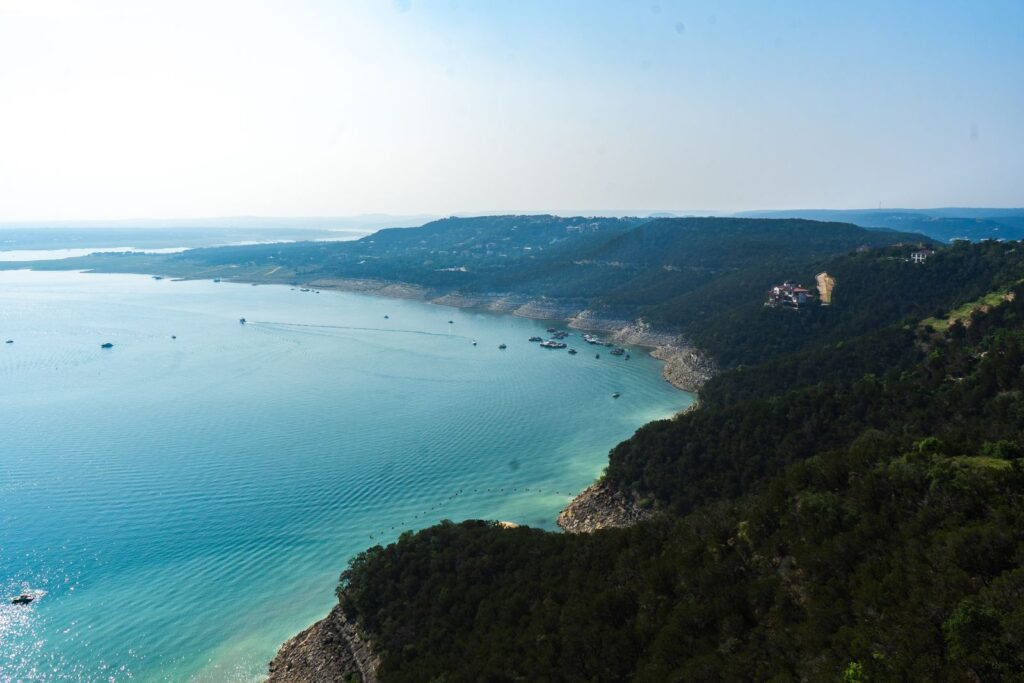 Aerial view of Lake Travis in the Texas Hill Country near Spicewood